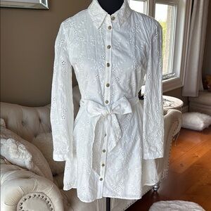 Zara White Long Sleeve Buttoned Tie Front Dress